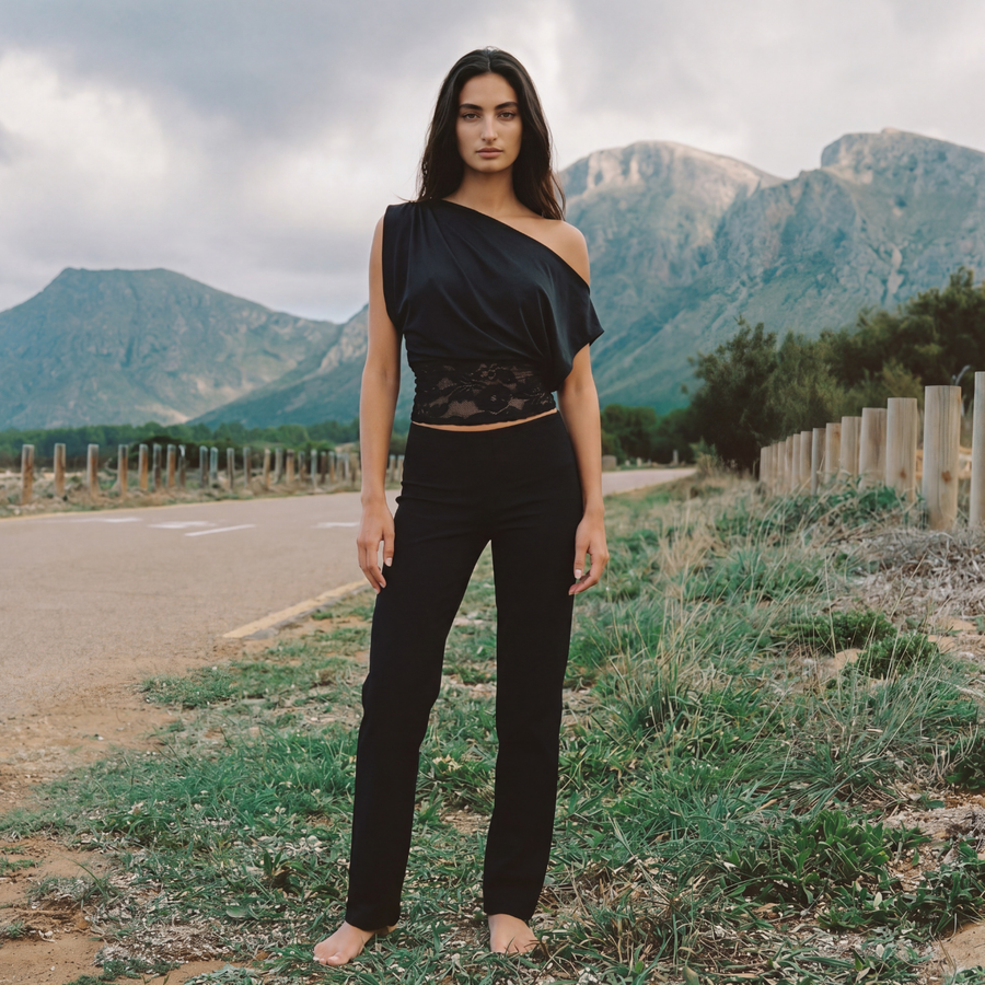Waist Drape Lace Top - black
