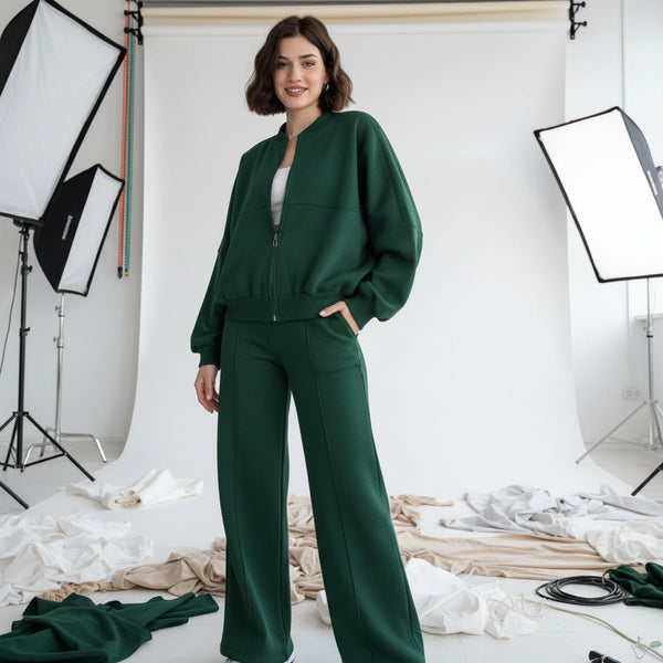 Zip Sweat & Wide Jogger Set - forest green