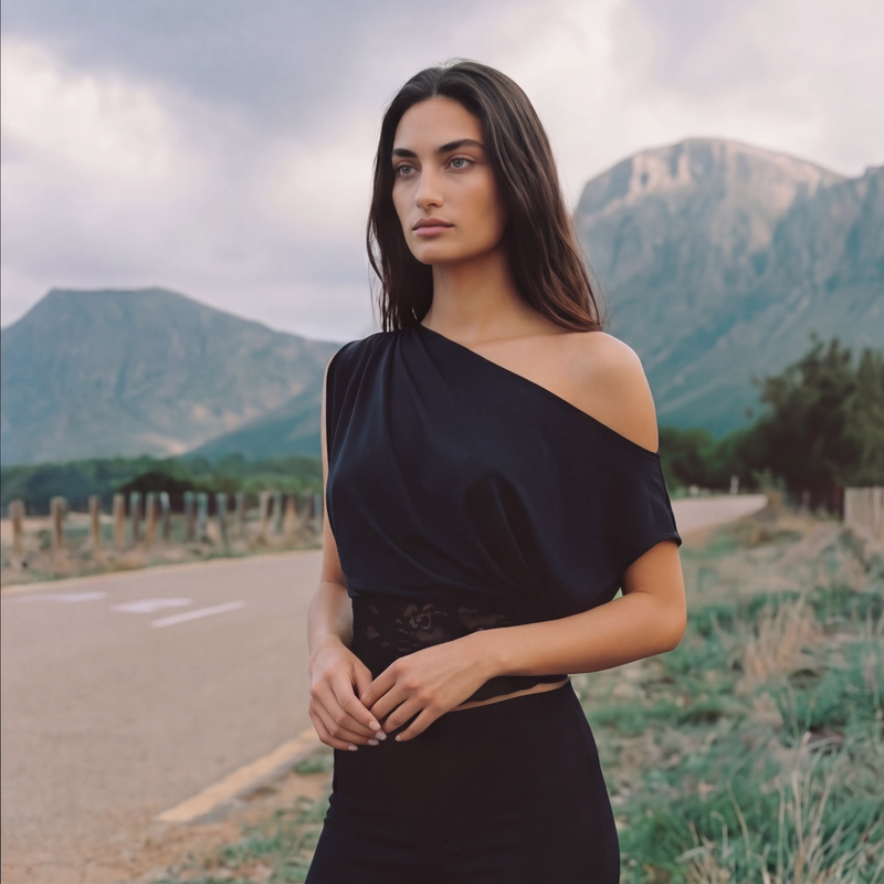 Waist Drape Lace Top - black