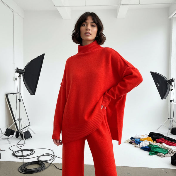 Turtleneck & Wide Pants Set - Red