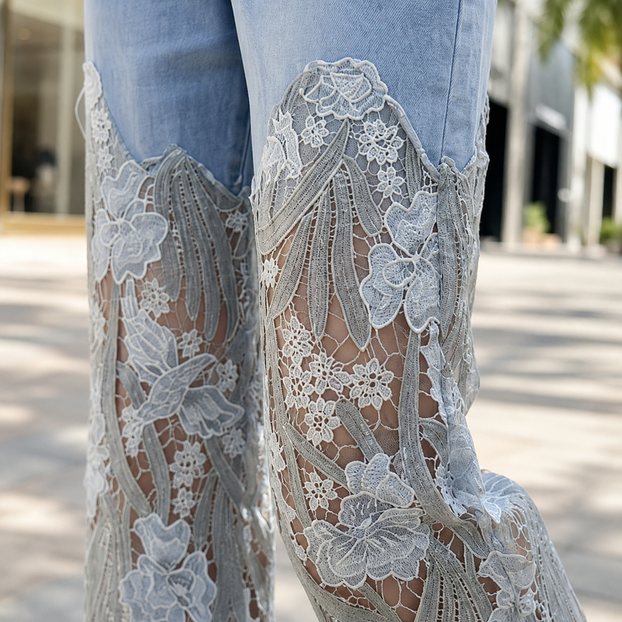 Wide Leg Lace Denim Jeans - Blue