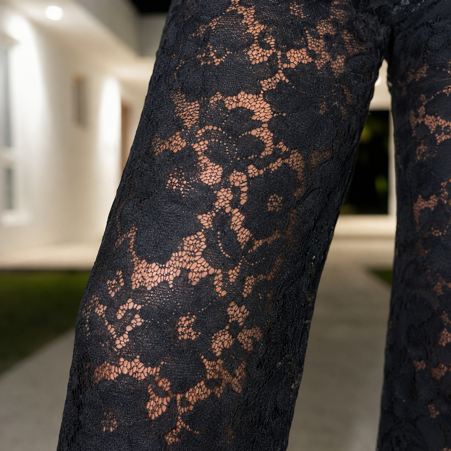 Wide Floral Lace Pants - black