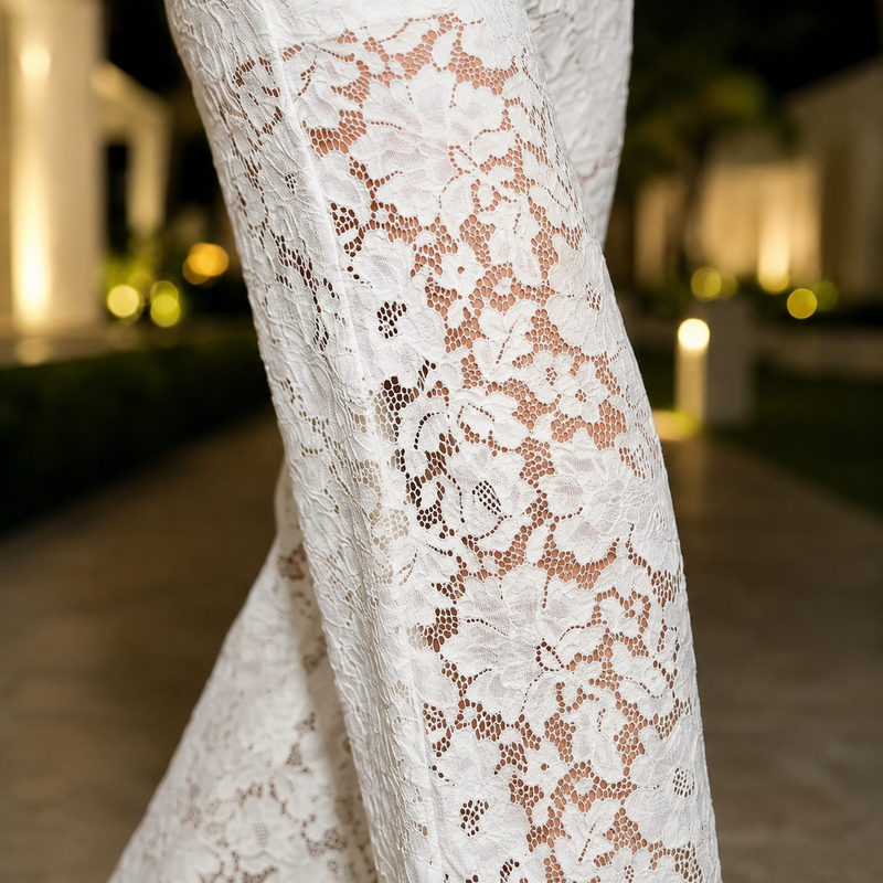 Wide Floral Lace Pants - white