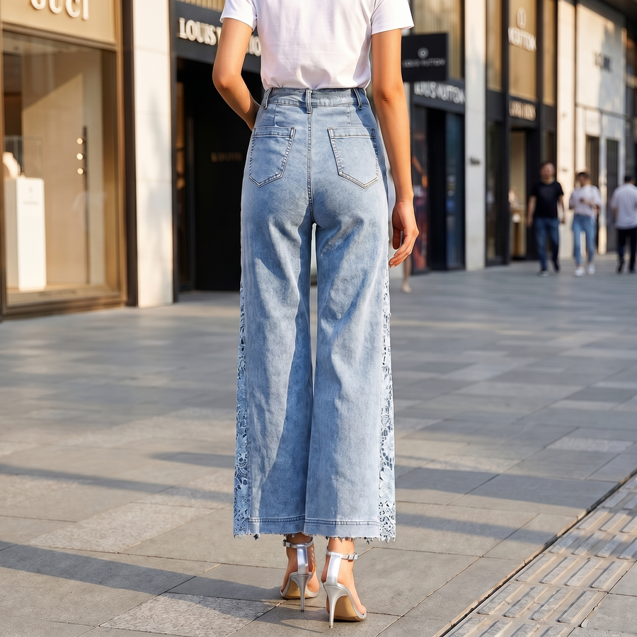 Floral Lace Denim Jeans - Blue