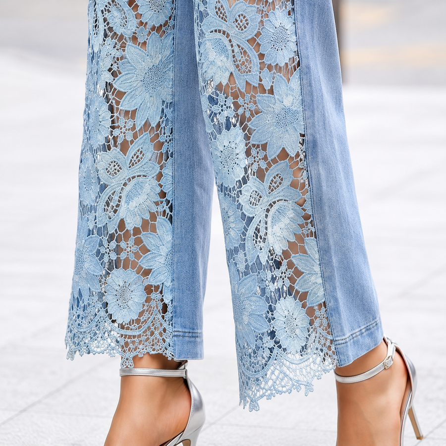 Floral Lace Denim Jeans - Blue