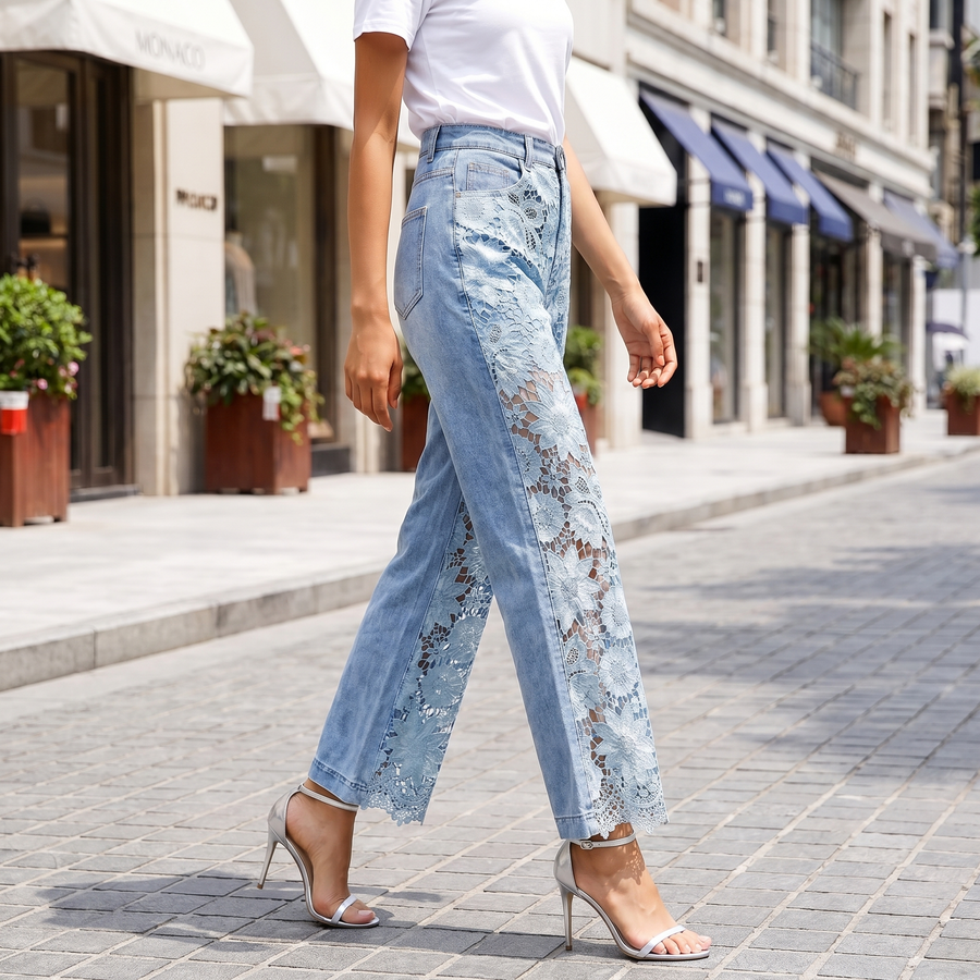 Floral Lace Denim Jeans - Blue