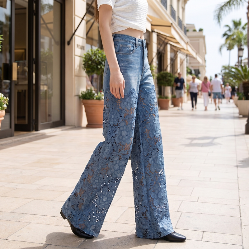 Romantic Lace Denim Jeans - Blue