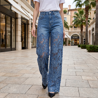 Romantic Lace Denim Jeans - Blue