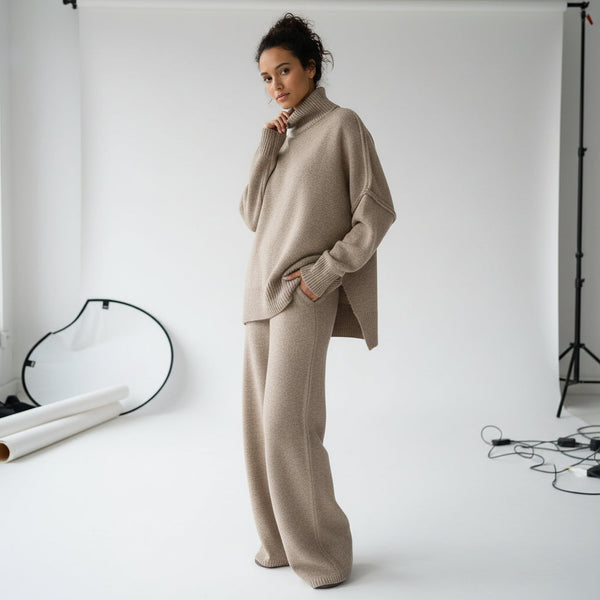 Turtleneck & Wide Pants Set - Beige
