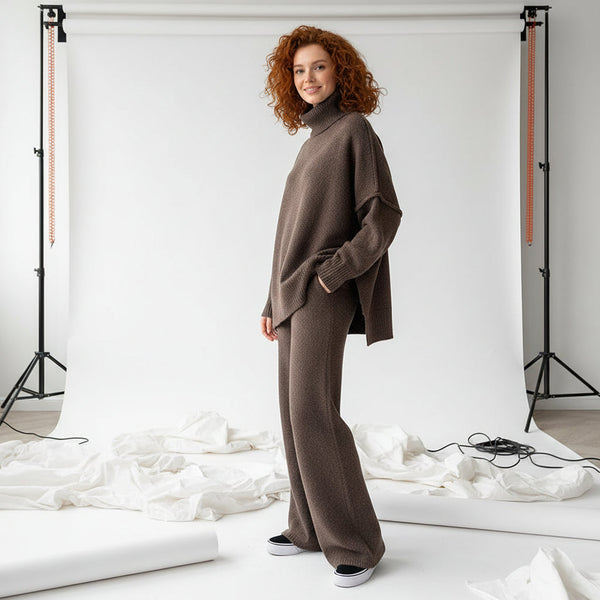Turtleneck & Wide Pants Set - Brown