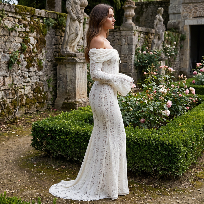 Viraya - Off-Shoulder Crochet Lace Maxi Dress