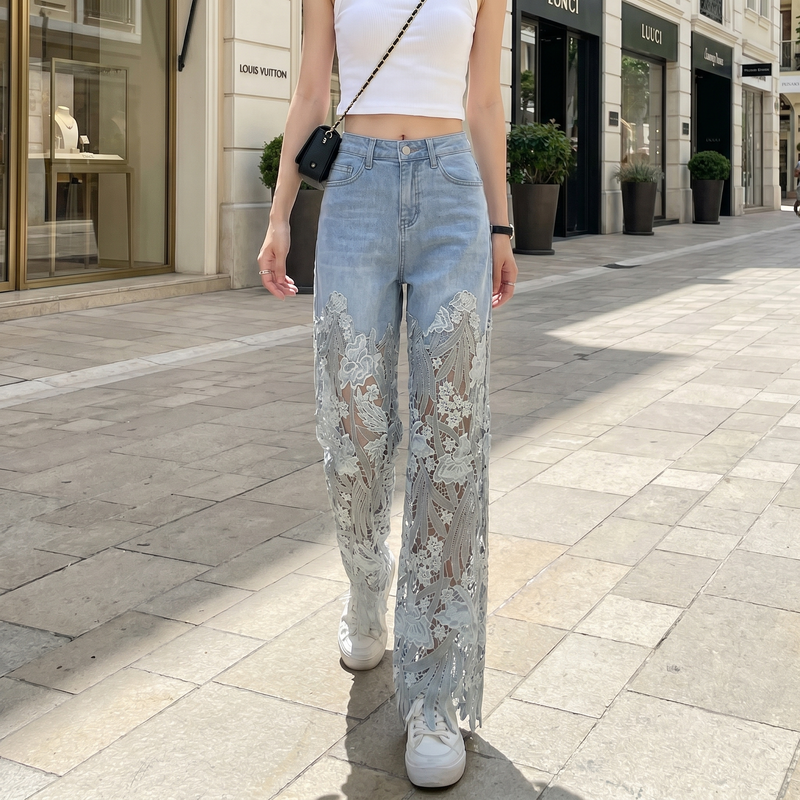 Wide Leg Lace Denim Jeans - Blue