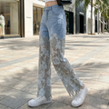 Wide Leg Lace Denim Jeans - Blue