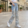 Wide Leg Lace Denim Jeans - Blue