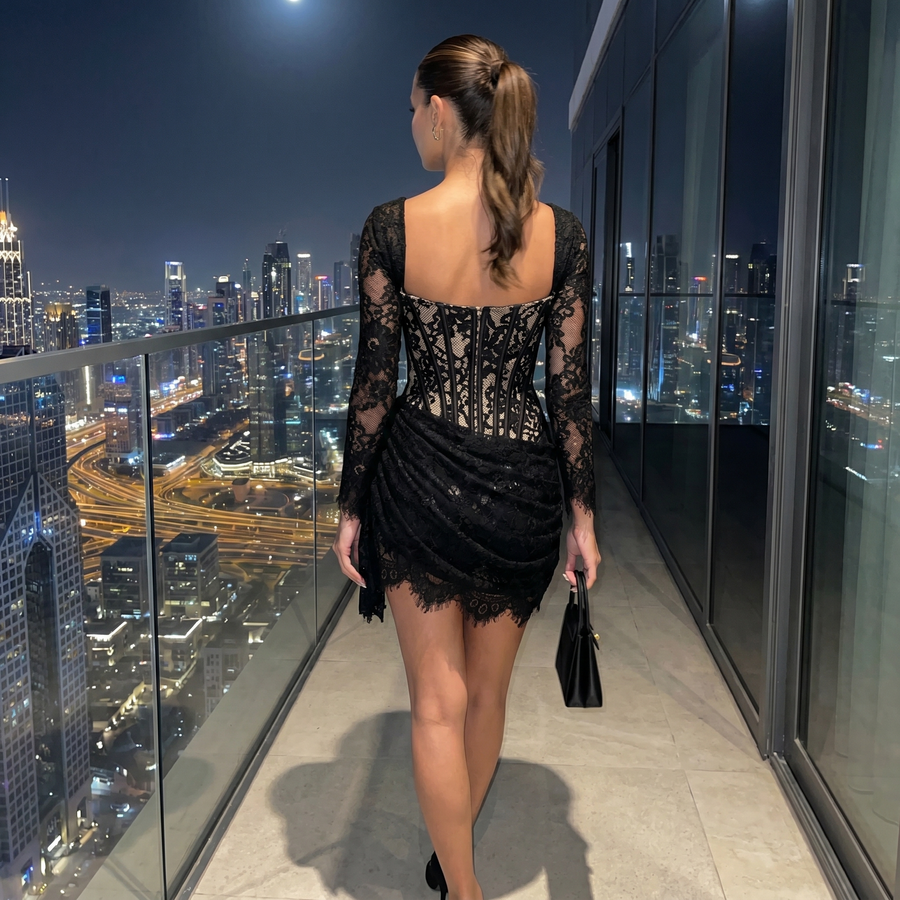 Calirae - Corset Tie-Up Mesh Mini Dress